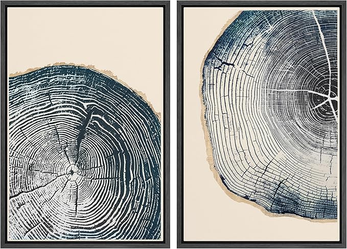 MUDECOR Framed Canvas Print Wall Art Navy Blue Wood Tree Ring Nature Illustration Modern Art Decorative Multicolor Geometric Minimal for Bedroom - 16"x24"x2 Black