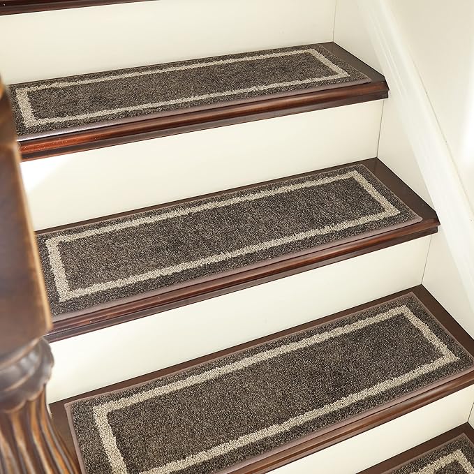 COSY HOMEER Soft Stair Treads Non-Slip Carpet Mat 28inX9in Indoor Stair Runners for Wooden Steps,Stair Rugs for Kids and Dogs, 100% Polyester TPE Backing 10pcs,Brown,Square