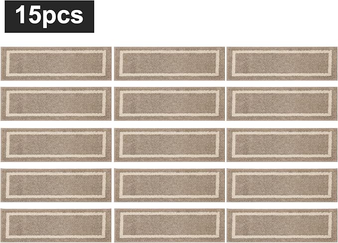 COSY HOMEER Soft Stair Treads 15pcs Non-Slip Carpet Mat 28inX9in Indoor Stair Runners for Wooden Steps,Stair Rugs for Kids and Dogs, 100% Polyester TPE Backing Beige,Square