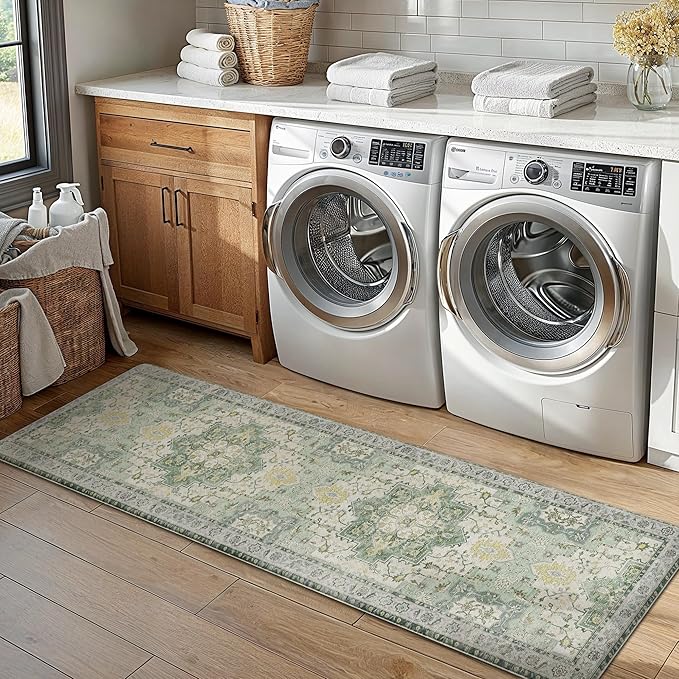 GENIMO Kitchen Mats for Floor 2PCs, Washable Anti Fatigue Mat for Cushioned, 17.3"x59"+17.3"x30", Waterproof Kitchen Rugs, Non Slip Comfort Standing Mat Rug for Home, Sink, Laundry, Light Green