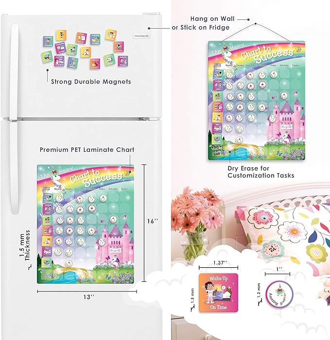 Unicorn Chart to Success| Magnetic Dry Erase| Daily Routine Responsibility Chore Chart for Kids| 80 Reward Tiles| 70 Tasks, Including Behavior and Self-Care| Fun Design for Girls| Raising a Star