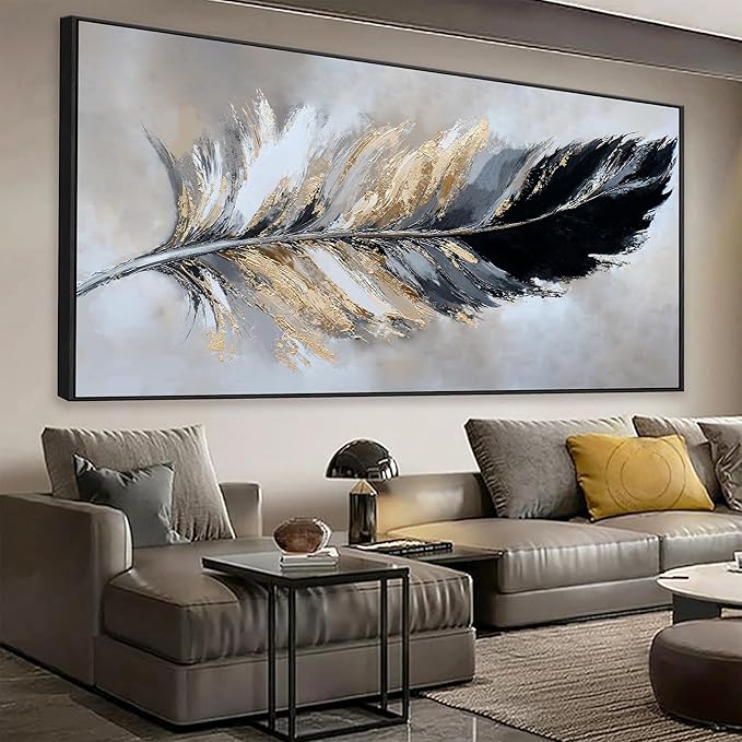 Canvas Art Wall Decor Modern Large Wall Decor Abstract Wall Art for Living Room Modern Home Decorations 29"X58" With Framed Painting Black and Gold Minimalist Abstract Art Feather Home Artwork