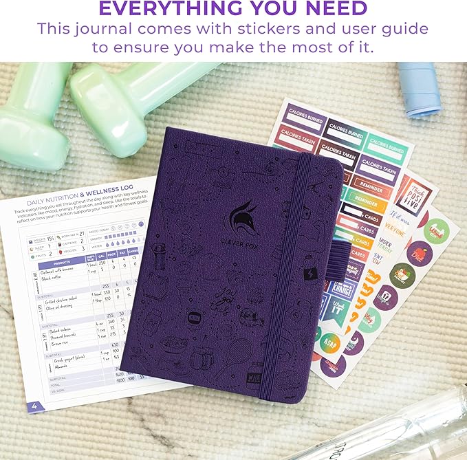 Clever Fox Fitness & Food Journal Pocket – Nutrition & Workout Planner for Women & Men – Diet & Gym Exercise Log Book with Calendars, Diet & Training Trackers – Lasts 3 Months, 4.3x5.5” (Purple)