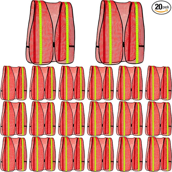 Haysandy 20 Pcs High Visibility Reflective Safety Vest Construction Vest Strips Neon Mesh Universal Size for Men Outdoor (Bright Orange)