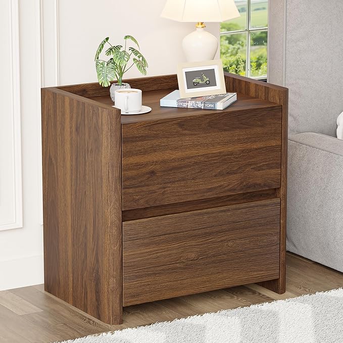 Nightstand with 2 Storage Drawer, Modern End Table for Bedroom with Cut-Out Handle, Large Night Stands for Bedroom, Home Office, Set of 1, Walnut