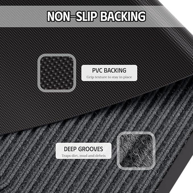 Front Door Mat, 3' x 5' Heavy Duty Door Mat Outside Entrance, Non-Slip Welcome Mat, Absorbent & Dirt Resistant, Low Profile Large Door Mats, Commercial Rugs for Entryway Indoor Outdoor, Grey