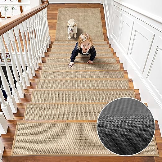 Chenille Stair Treads Non Slip 10pcs Comfortable Stair Runner for Wooden Steps Rubber Backing Stairs Carpet Treads Indoor Staircase Covers Mat with Rubber Backing for Pets Kids 8"X30" Beige