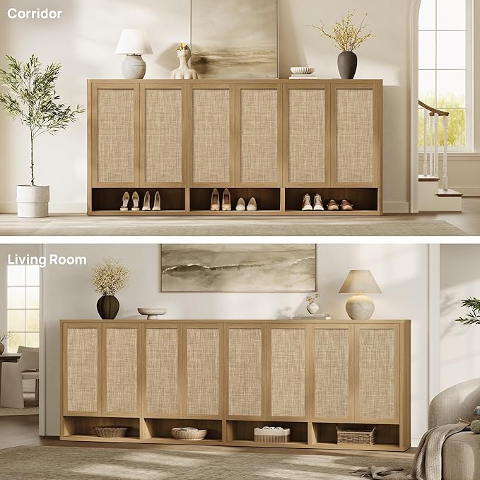 SICOTAS Rattan Shoe Storage Cabinet - Modular Shoe Cabinets with Door Tall Large Shoe Cabinet Storage for Entryway - 96.8" Wide Modular Cabinet for Hallway, Living Room