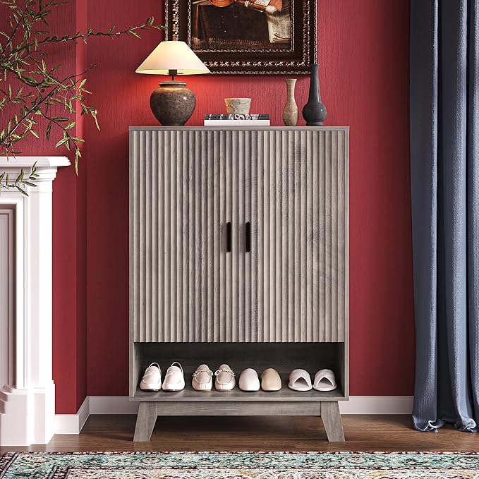 4-Tier Fluted Shoe Cabinet with 2 Doors & Open Shelf, Mid Century Modern Shoe Storage Organizer with Adjustable Shelves, Metal Handles & Wood Legs, Hidden Shoe Rack for Entryway, Hallway