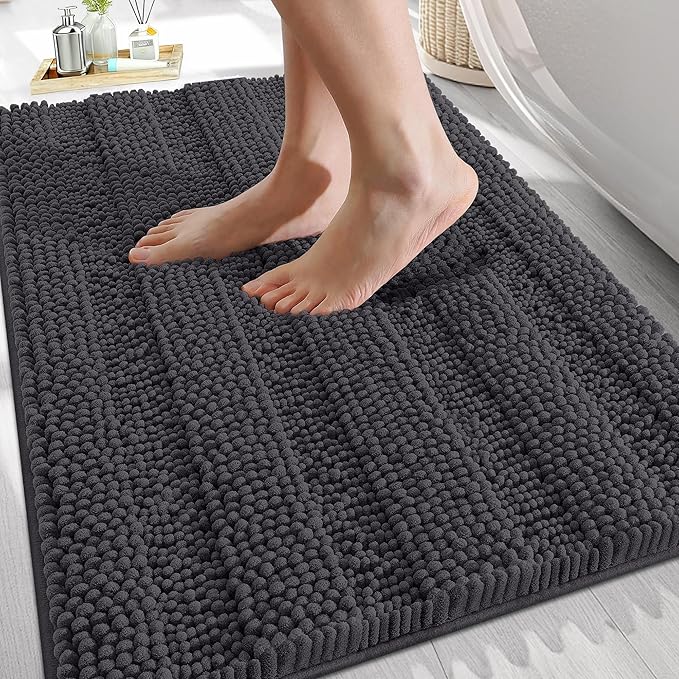 OLANLY Thick Bathroom Rugs 30x20, Extra Soft Absorbent Chenille Striped Bath Rugs, Rubber Backing, Machine Wash Dry, Bath Mats for Bathroom Floor, Tub and Shower, Home Decor Accessories, Dark Grey
