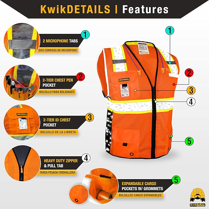 KwikSafety - BIG KAHUNA DIGITAL Safety Vest [LIMITED EDITION] Class 2 ANSI OSHA Reflective Vest Durable High Visibility Vest Construction Safety Vest for Men Industrial Work Gear/Orange Large