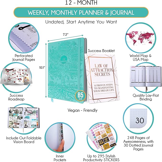 Law of Attraction Planner - Undated Hourly, Weekly & Monthly Goal Setting Planner, 12-Month to Increase Productivity | Life & Gratitude Journal, Include Foldable Vision Board, Gift Box & Stickers