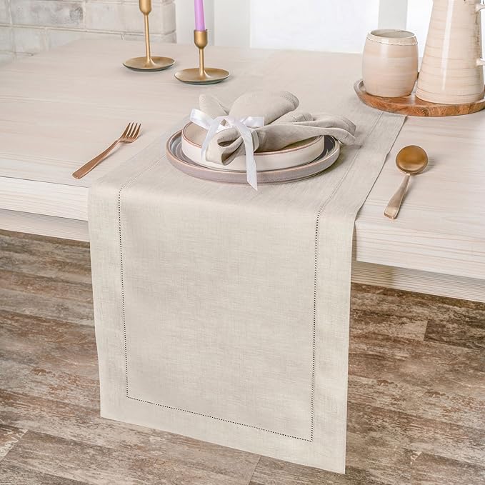 D'Moksha Homes Linen Light Natural Table Runner 72 Inches Long - 100% Pure Linen Hemstitch Table Runner 14 x 72 Inch for Dresser, Dining, Valentines, Spring, Easter - Classic Hemstitch