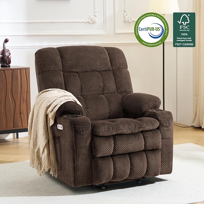 MCombo Dual Motor Power Lift Recliner Chair for Elderly, Lay Flat Lift Chair with Heat and Massage, Petite Lift Chair, Cup Holders, USB A&C Ports, Fabric 7893 (Small, Coffee)