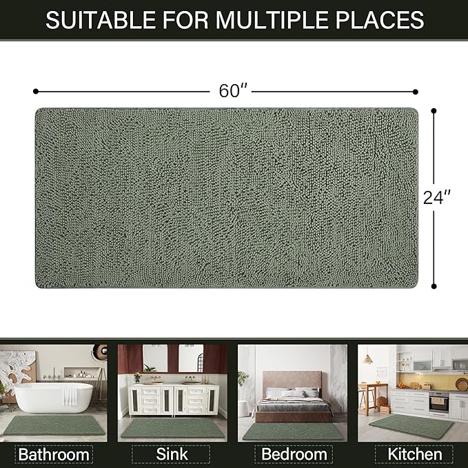 LOCHAS Luxury Bathroom Rug Shaggy Bath Mat 24 x 60 Inch, Washable Non Slip Bath Rugs for Bathroom Shower, Soft Plush Chenille Absorbent Carpets Mats, Sage Green