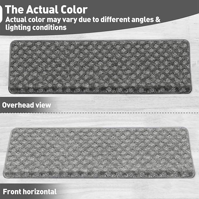 PURE ERA Bullnose Carpet Stair Treads Set Tape Free Non-Slip Indoor Stair Protectors Pet Friendly Rugs9.5" x 30"(7 Pieces,Grey Mini-Diamond Trellis)