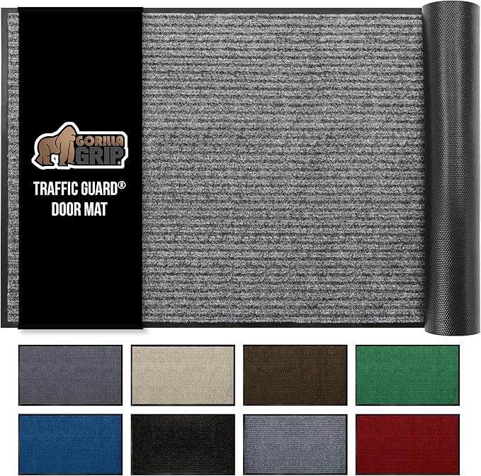 GORILLA GRIP Waterproof Traffic Guard Door Mat, 59x24, Heavy Duty Entryway Mats, Strong Rubber Back Commercial Rugs for Office Hallway, Garage Floor and Home, Low Profile Carpet Runner, Light Gray