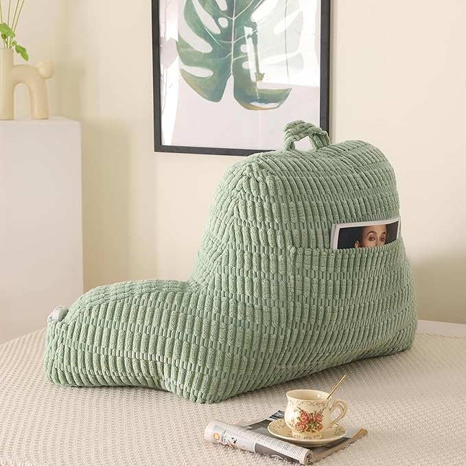 Reading Pillow for Sitting in Bed, Large Backrest Reading Pillow with Arm Rest,Back-Rest Support Cushion for Sit Up on Couch, Sofa, and Floor, Dorm Essentials (Green Corduroy, Large(19"))
