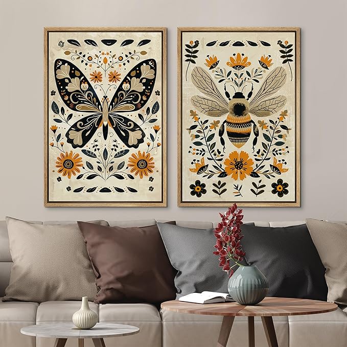 MUDECOR Framed Canvas Print Wall Art Set Butterfly Animals Botanical Bee llustrations Modern Art Decorative Bohemian Calm/Zen for Living Room, Bedroom, Office - 16"x24"x2 Natural