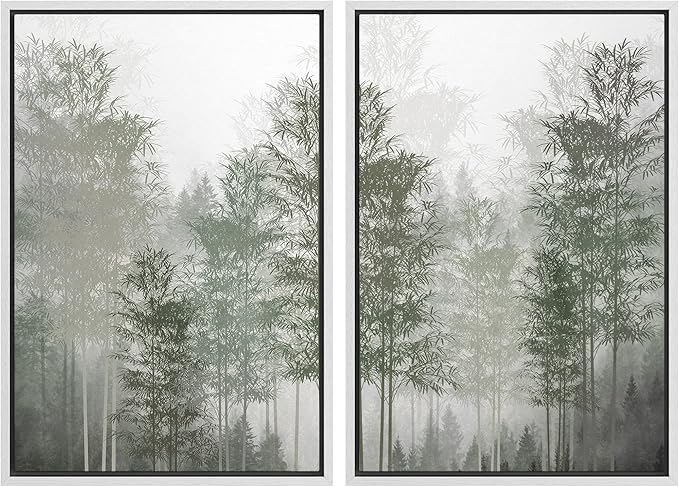 MUDECOR Framed Canvas Print Wall Art Pastel Watercolor Misty Fog Forest Tree Wilderness Nature Illustrations Modern Art Decorative Calm/Relax Multicolor Rustic Minimal for Bedroom - 24"x36"x2 White
