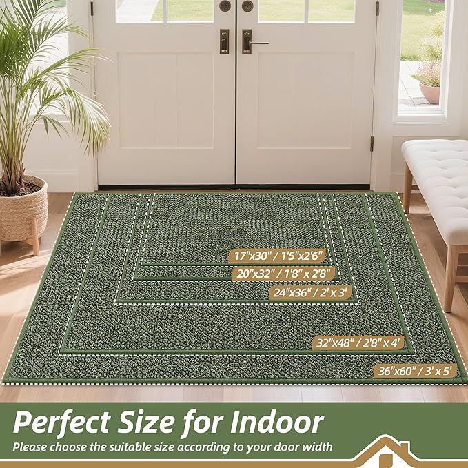 BEQHAUSE Dirt Trapper Door Mat 17" x 30", Non-Slip Doormats (Rolled-Up NO Creases) Washable Entryway Rug, Dirt Resist and Absorbent Welcome Mat, Low Profile Floor Mats for Front Back Door, Green