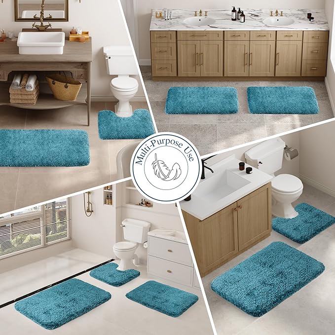 Walensee Contour Rug (20x24, Teal) Non Slip Bath Mat, Soft Microfiber Shaggy Mat, Machine Washable, U Shape Toilet Rug