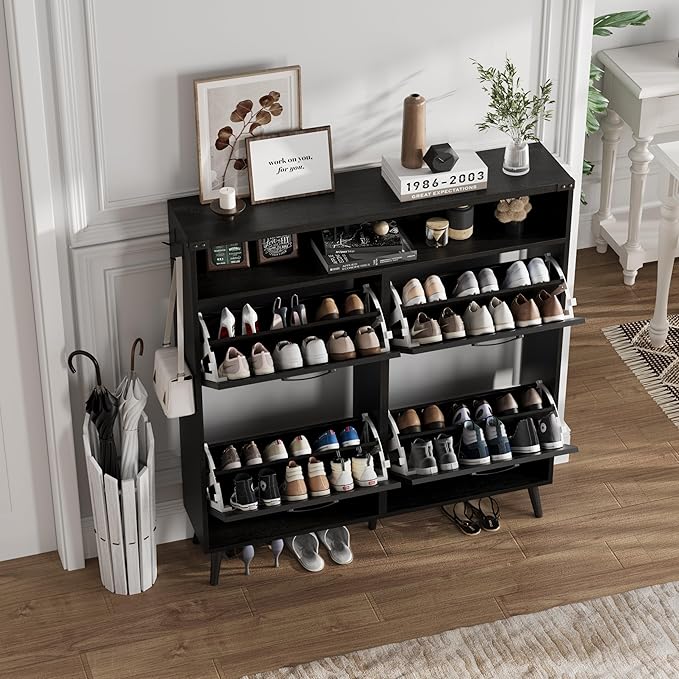Shoe Cabinet with 4 Flip Drawers,Farmhouse Shoe Storage Cabinet for Entryway,Narrow Freestanding Organizer Rack with Open Shelves for Foyer,Hallway,Black
