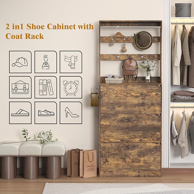 Tall Shoe Cabinet with Coat Rack, Hidden Shoe Storage Cabinet with Doors & Drawer, Hanging Bar & Hooks, Slim Narrow Freestanding Shoe Rack Organizer for Entryway, Hallway & Living Room, Brown