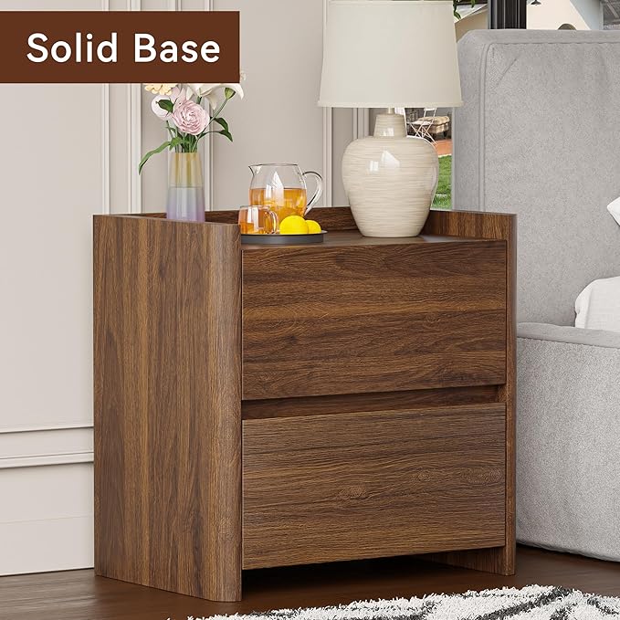 Nightstand with 2 Storage Drawer, Modern End Table for Bedroom with Cut-Out Handle, Large Night Stands for Bedroom, Home Office, Set of 2, Walnut
