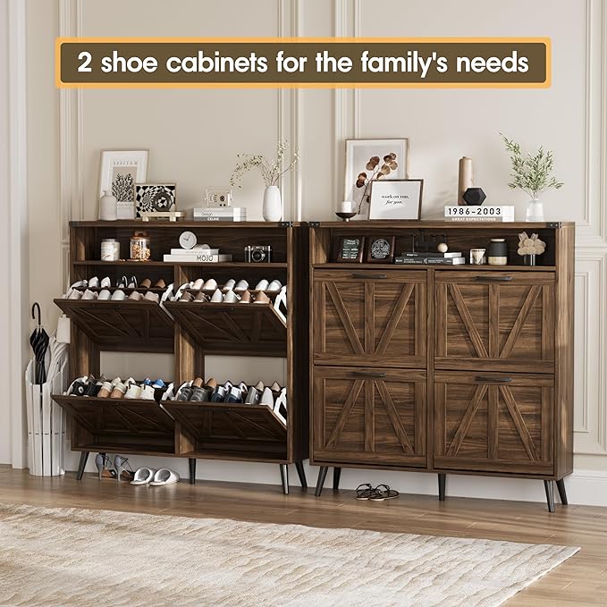 Shoe Cabinet with 4 Flip Drawers,Farmhouse Shoe Storage Cabinet for Entryway,Narrow Freestanding Organizer Rack with Open Shelves for Foyer,Hallway,Dark Walnut
