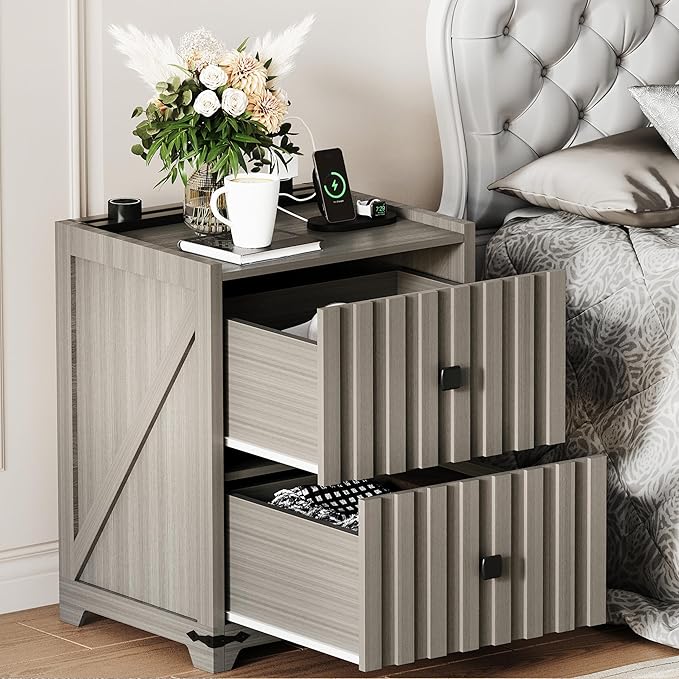 Night Stand with Slidable Charging Station,Nightstands with 2 Drawers,Farmhouse EndTable and Bedside Table,Small Side Table for Bedroom（Newly Upgraded）