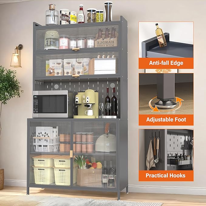 73'' Tall Kitchen Pantry Cabine, 6 Level Flip Door with Pegboard Spacious, Adjustable & Stylish Metal Pantry Storage Cabinet, Anti-Tip Design Hutch for Kitchen Dining Room Living Room, Gray