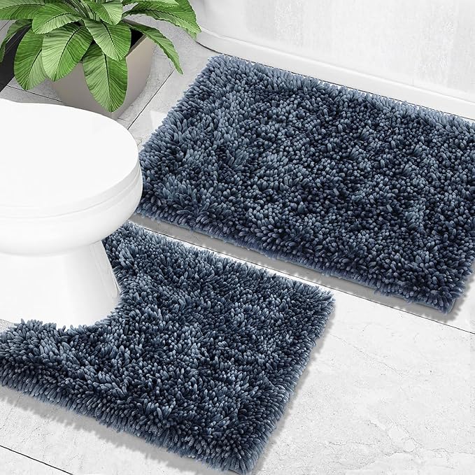 Yimobra Bathroom Rugs Sets 2 Piece, Soft Absorbent Bath Mat and U-Shaped Toilet Rug with Non Slip Backing, Luxury Shaggy Bath Mats for Bathroom, Machine Washable, 31.5"x20"+24"x20", Light Blue