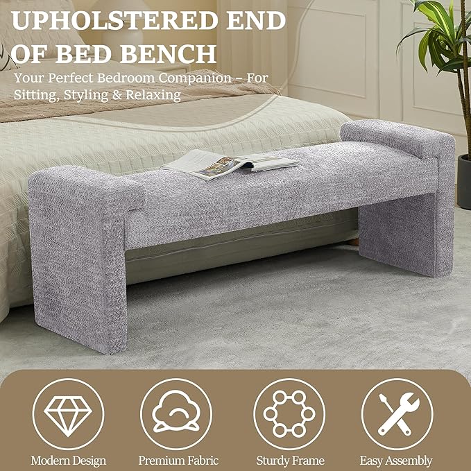 58.7" End of Bed Bench Upholstered Modern Bedroom Bench for Living Room & Entryway, Easy Assembly, Footrest Ottoman Accent Window Bench with Solid Wood Frame & Curved Arm, Grey