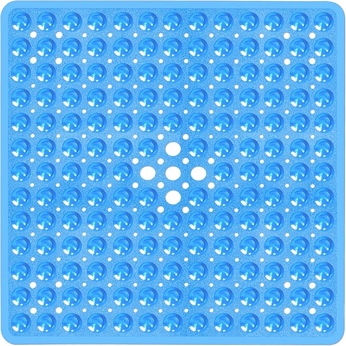 Square Shower Bathtub Mat Non Slip for Inside Shower Clear Blue 21x21 Inch, Shower Stall Mats for Bathroom Floor, Soft Bath Mat for Tub with Big Suction Cups Drain Holes, Easy Washable Dry