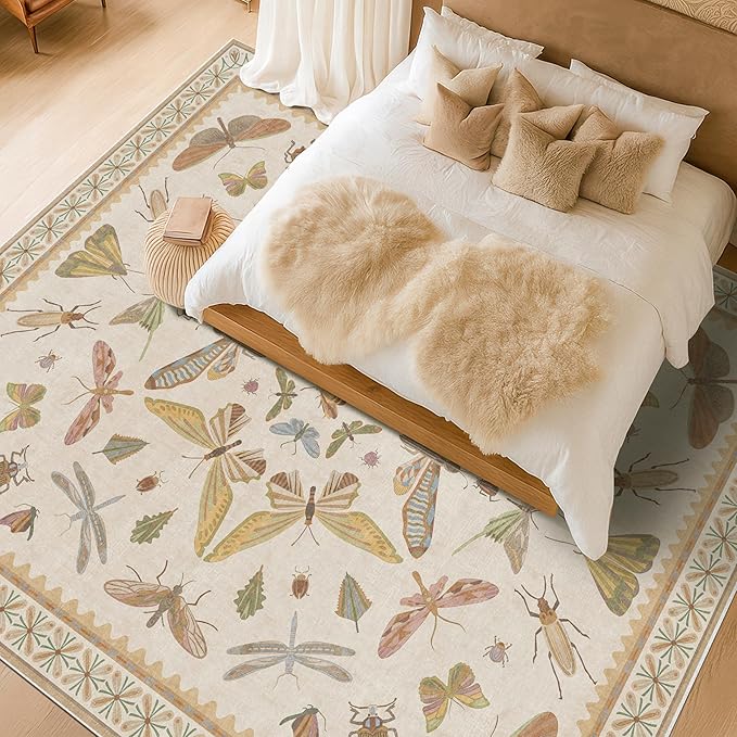 Large Beige Farmhouse Rugs for Living Room - 9x12 Area Rug for Bedroom, Dining Room, Kids Playroom, Stain Resistant Non Slip Low Pile Lightweight Carpet Indoor Butterfly Décor