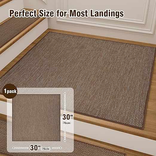 Deerly Comfortable Stair Landing Carpet Non Slip Breathable Linen Rug for Wooden Steps Peel and Stick Landing Mat Covers Indoor Absorbent with Self-Adhesive Backing 30"X30" Brown