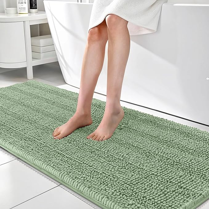 OLANLY Thick Bathroom Rugs 70x24, Extra Soft Absorbent Chenille Striped Bath Rugs, Rubber Backing, Machine Wash Dry, Bath Mats for Bathroom Floor, Tub and Shower, Home Decor Accessories, Sage Green