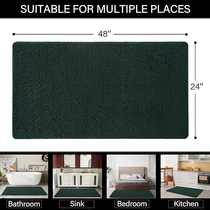 LOCHAS Luxury Bathroom Rug Shaggy Bath Mat 24 x 48 Inch, Washable Non Slip Bath Rugs for Bathroom Shower, Soft Plush Chenille Absorbent Carpets Mats, Hunter Green