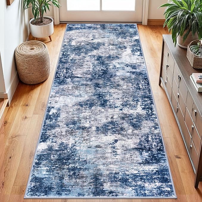 Modern Abstract Hallway Runner Rug, Grey Navy Blue 2.6x8 Runner Rug, Washable Kitchen Runner Non-Slip Soft Thin Print Faux Wool Carpet for Entryway Bedroom Laundry Room Indoor