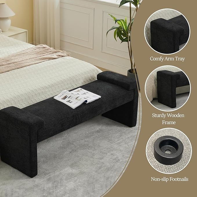 58.7" End of Bed Upholstered Bench Modern Bedroom Bench for Living Room & Entryway, Easy Assembly, Footrest Ottoman Accent Window Bench with Solid Wood Frame & Curved Arm, Black