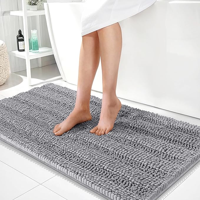OLANLY Thick Bathroom Rugs 44x24, Extra Soft Absorbent Chenille Striped Bath Rugs, Rubber Backing, Machine Wash Dry, Bath Mats for Bathroom Floor, Tub and Shower, Home Decor Accessories, Grey