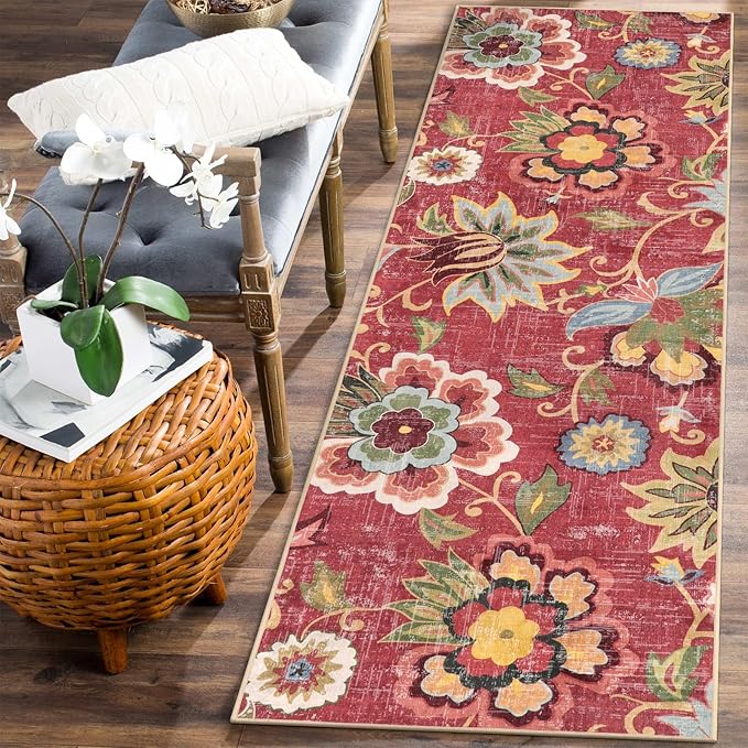 Beeiva Floral Washable Runner Rug 2x6, Red Christmas Runners Rug for Hallway with Rubber Backing, Ultra Thin Vintage Non Skid Washable Carpet for Bedroom Entrway Laundry Room