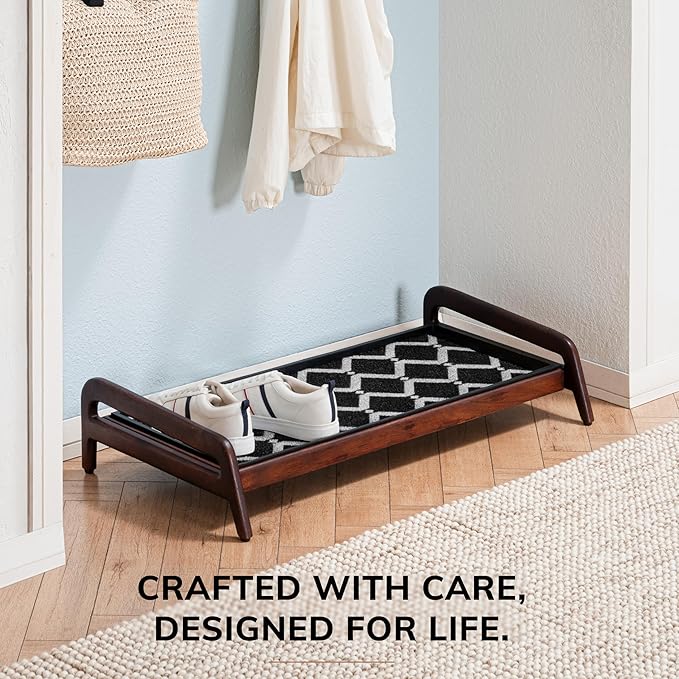 Anji Mountain Heavy Duty Waterproof Wooden Shoe Storage Mat Organizer/Boot Storage Tray Multi Use for Entryway with Coir, Black and Ivory Diamond Insert, 1 Tier, Fits 3 Pair (36.5" Wide)