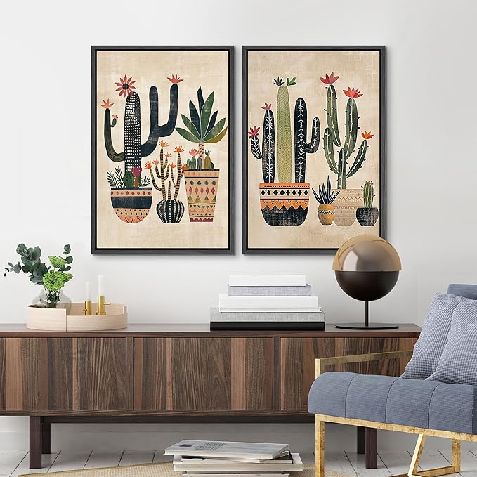 MUDECOR Framed Canvas Print Wall Art Set Mexican Cactus Tropical Botanical llustrations Modern Art Decorative Bohemian Calm/Zen for Living Room, Bedroom, Office - 24"x36"x2 Black