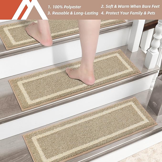 COSY HOMEER Soft Stair Treads Non-Slip Carpet Mat 28inX9in Indoor Stair Runners for Wooden Steps,Stair Rugs for Kids and Dogs, 100% Polyester TPE Backing 10pcs,Beige,Square