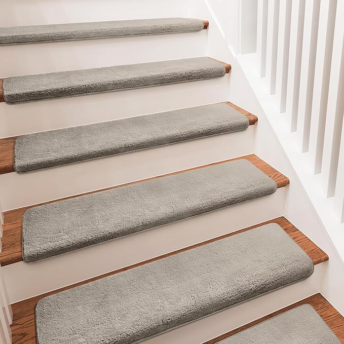 PURE ERA Carpet Stair Treads Ultra Plush 9.5" X 30"Soft Bullnose Indoor Stair Protectors Pet-Friendly Non-Slip Skid Resistant Tape Free Washable Reusable(7 Pieces, Cream Gray)