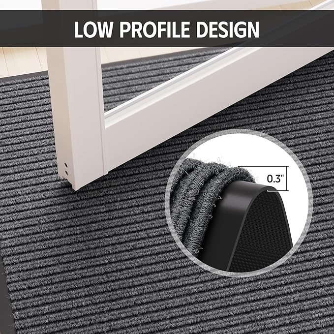 Front Door Mat 4' x 6', Heavy Duty Door Mat Outside Entrance, Non-Slip Welcome Mat, Muddy Mats for Indoor Outdoor, Absorbent & Resist Dirt Entry Mat, Low Profile Commercial Floor Mat, Grey