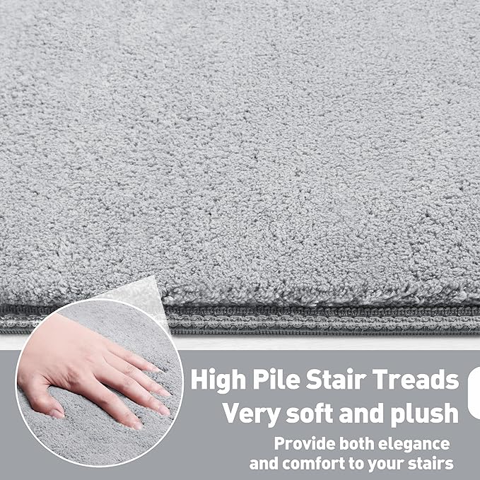 PURE ERA Carpet Stair Treads Ultra Plush 9.5" X 30"Soft Bullnose Indoor Stair Protectors Pet-Friendly Non-Slip Skid Resistant Tape Free Washable Reusable(7 Pieces,Gray)