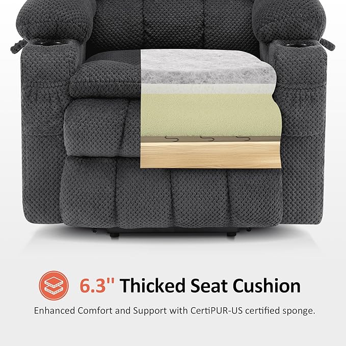 MCombo Dual Motor Large Power Lift Recliner Chair for Elderly, Lay Flat Lift Chair with Heat and Massage, Big Lift Recliner for Tall People, Cup Holders, Fabric 7896 (Large, Dark Gray)